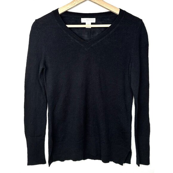 Kenar Merino Wool Sweater Women Medium Black V Neck Long Sleeve Ribbed Hem - Picture 1 of 9